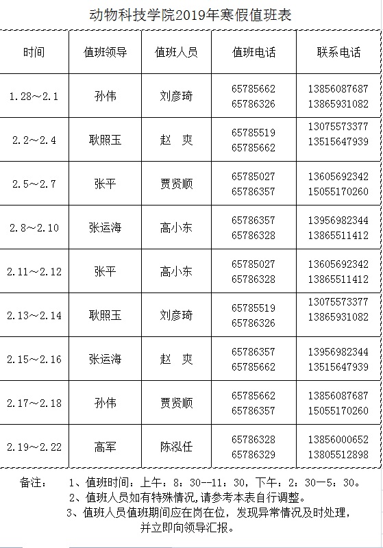 2019年寒假值班表